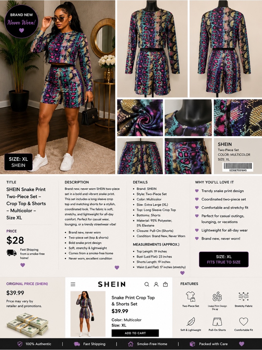 SHEIN Multicolor Snake-Print Two-Piece Crop Top & Shorts Set
